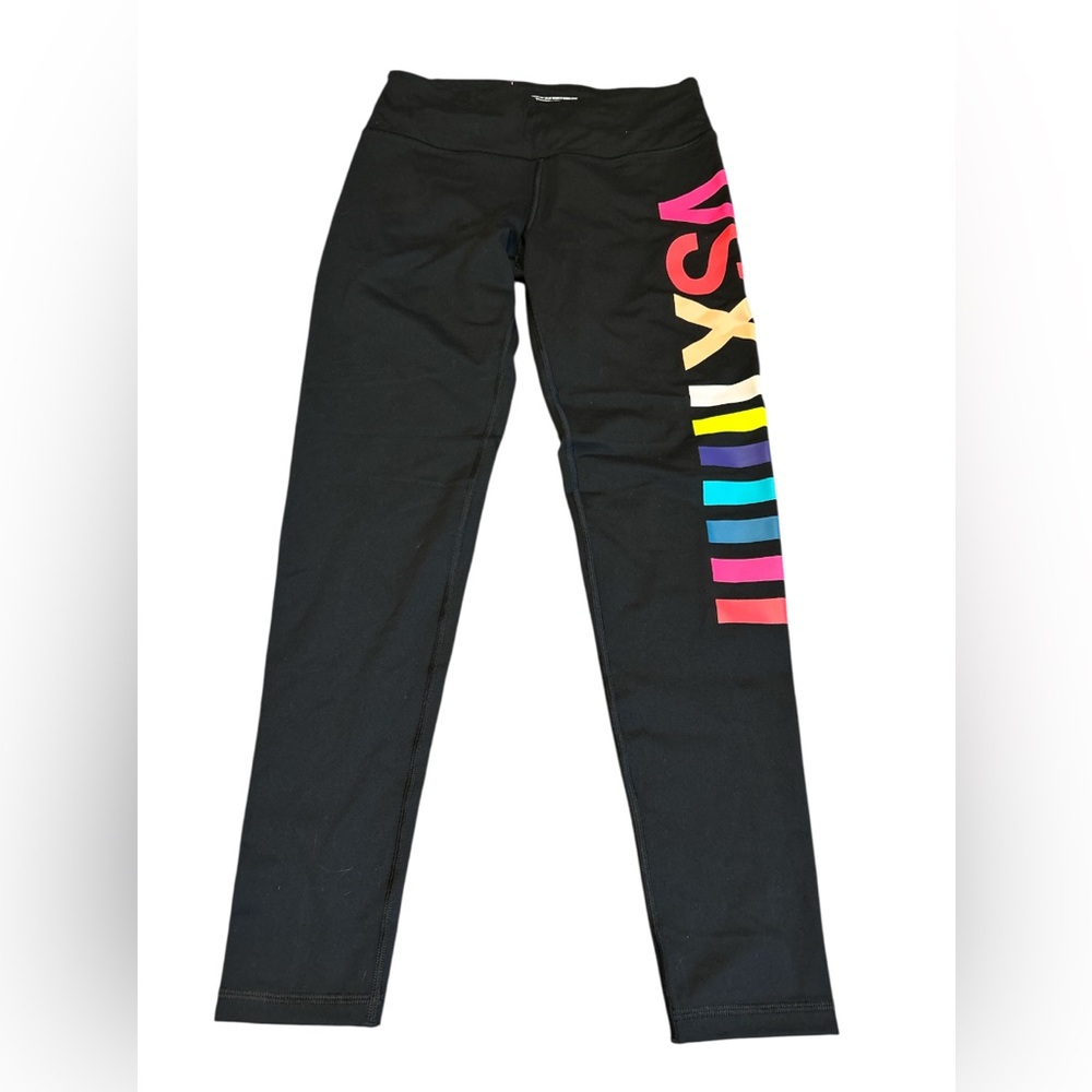 Victoria’s Secret VSX Sport Knockout Tight Leggings Black w/ Rainbow Logo Medium - Picture 2 of 4